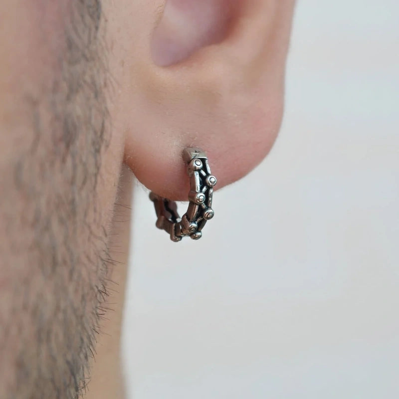 Mens Tumbled Steel Hoop Earrings Silver Black Vintage