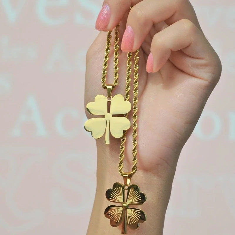 Four Leaf Clover Model Steel Lucky Charm Necklace Gold Colour