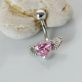 Pink Heart Angel Wing Belly Button Ring, Navel Piercing, Belly Button Piercing, Belly Ring, Curved Barbell, Belly Piercing, Belly Bar