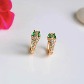 Green Eyed Snake Model Small Hoop Earrings - Silver Colour