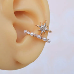 Mini Pearl Ear Cuff Compression Cartilage Earrings with Polar Star Detail