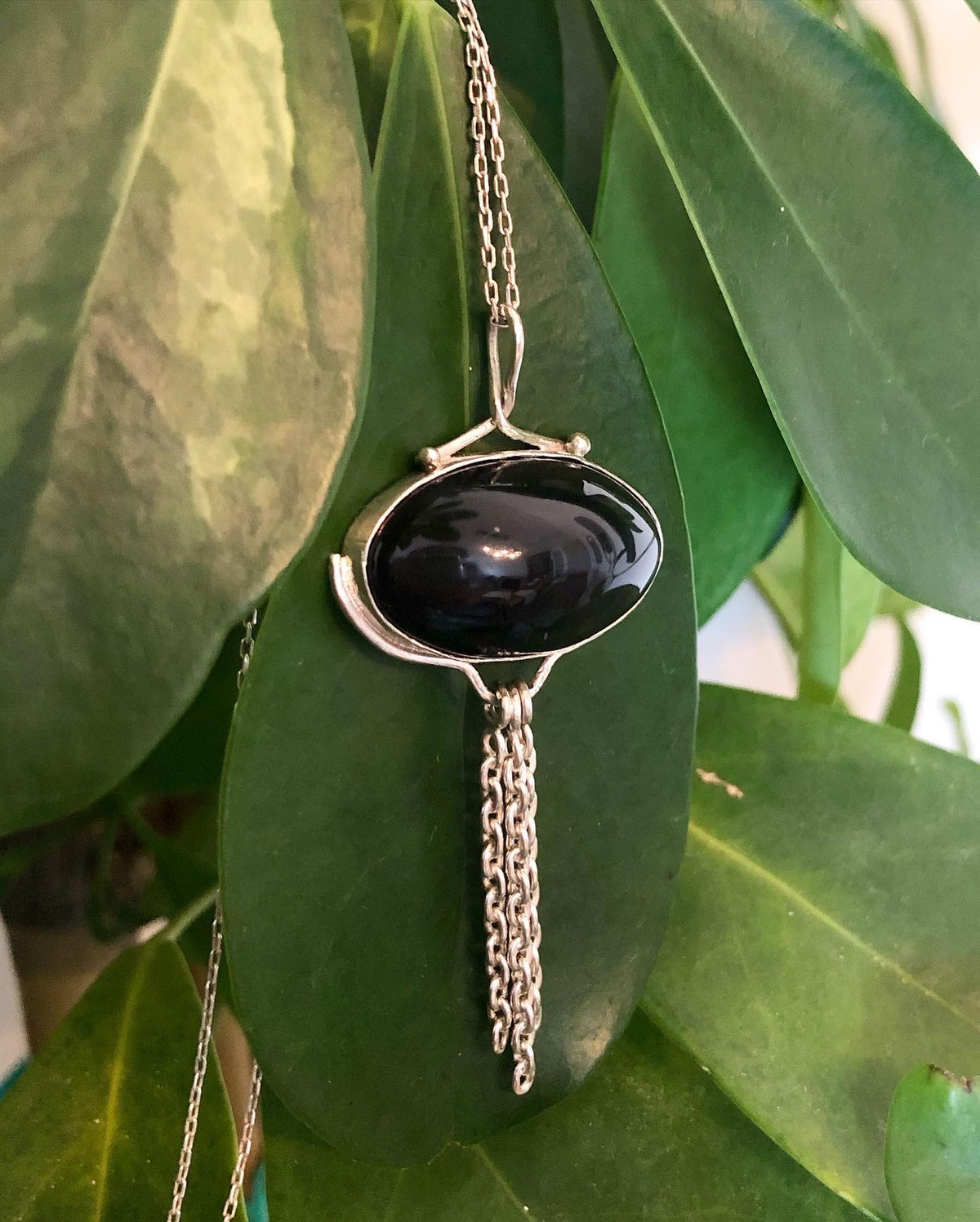 Handmade 925 Sterling Silver Oval Stone Chain Dangling Necklace, Oval Black Stone Silver Pendant, Chain Detailed Stone Necklace