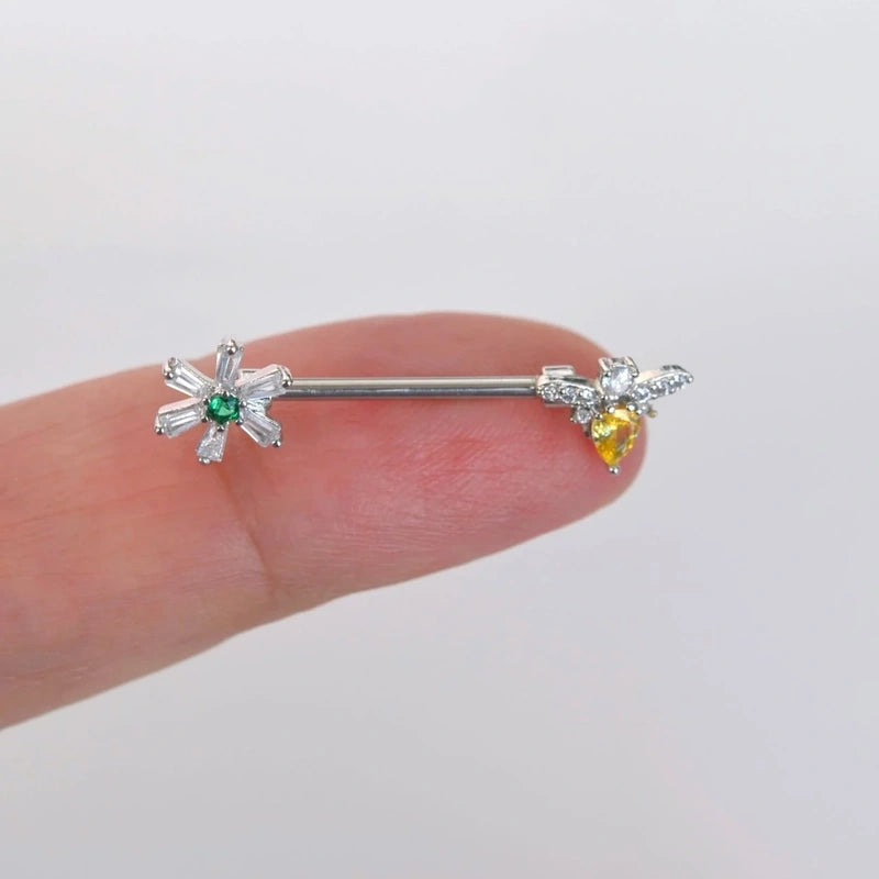 Flower and Bee Figured Nipple Piercing - Silver Colour