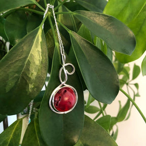 Handmade Round Coral Stone Pendant, Red Colour Genuine Silver Necklace