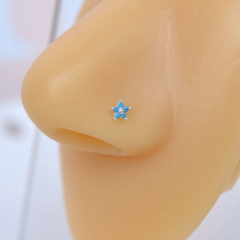 Silver Stone Firuze Blue Coloured Flower Nose Pin