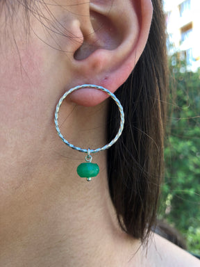 Handmade 925 Sterling Silver Green Stone Silver Hoop Earrings Round Hoop Earrings, Curled Wire Silver Earrings,