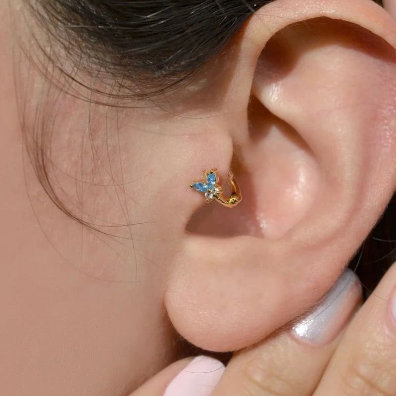 Blue Butterfly Tragus Piercing for Helix, Lobe, and Cartilage  Gold Colour