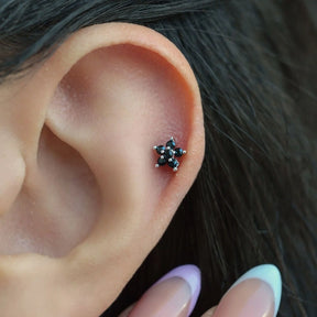 Silver Colour Steel Black Flower Helix Piercing Cartilage Lobe