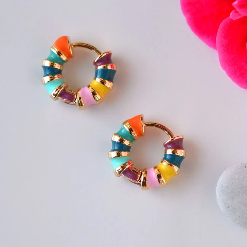 Curved Steel Hoop Earrings with Coloured Enamel in Gold and Silver