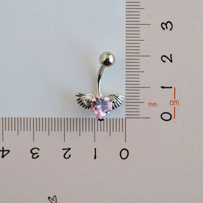 Pink Heart Angel Wing Belly Button Ring, Navel Piercing, Belly Button Piercing, Belly Ring, Curved Barbell, Belly Piercing, Belly Bar