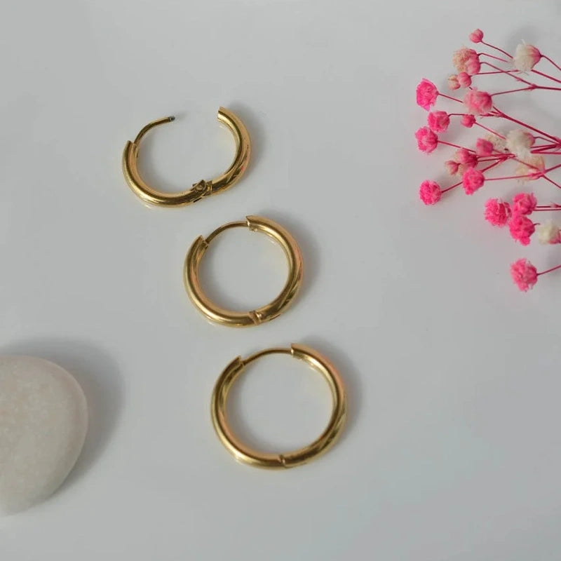 Steel Ring Earring Set - 3 Pcs in Gold and Silver 12mm 15mm 17mm