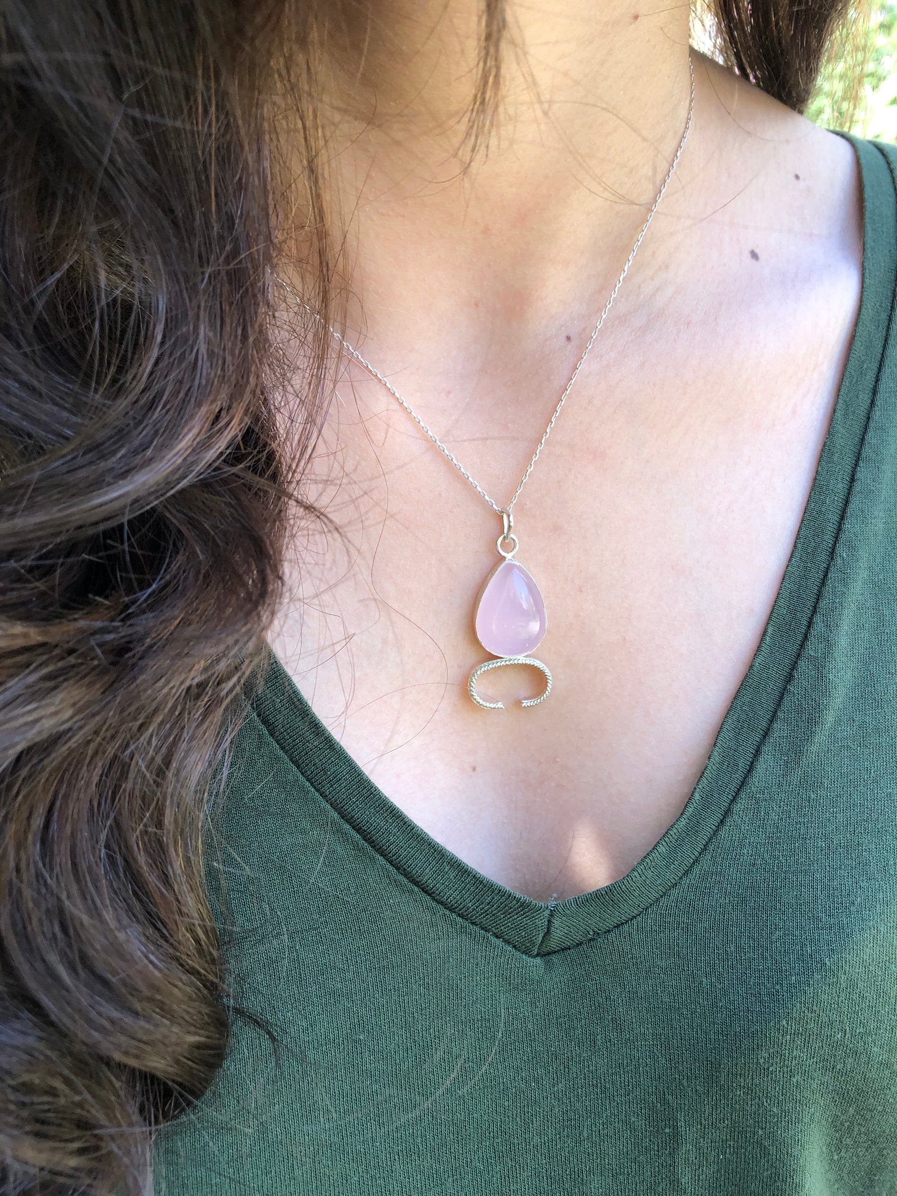 Handmade 925 Sterling Silver Drop Shaped Stone Necklace, Rose Quartz Stone Drop Necklace, Christmas Gift Naturel Stone Jewellry