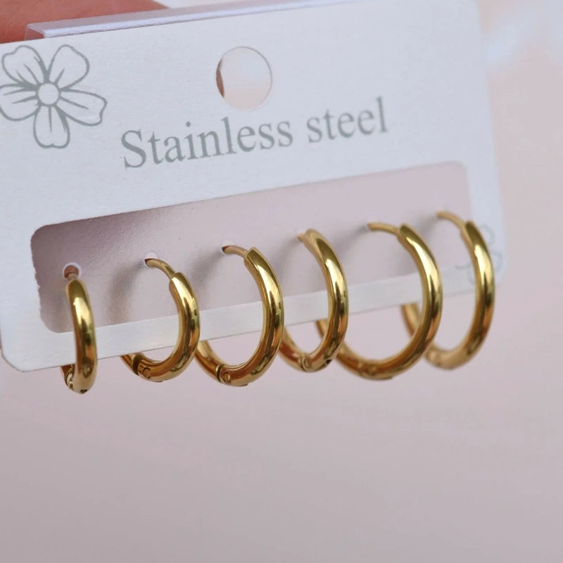 Minimal Steel Earring Set - 6 Pieces in Gold and Silver