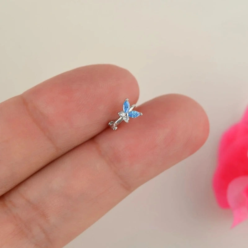 Blue Butterfly Ring Piercing for Helix, Forward Helix, Tragus, and Cartilage  Blue  Stones Silver Colour