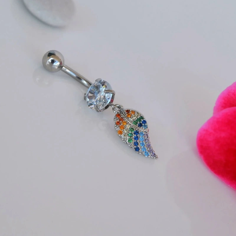 Dangle Angel Wing Belly Button Ring, Navel Piercing, Belly Button Piercing, Belly Piercing, Belly Bar, Curved Barbell, Belly Ring