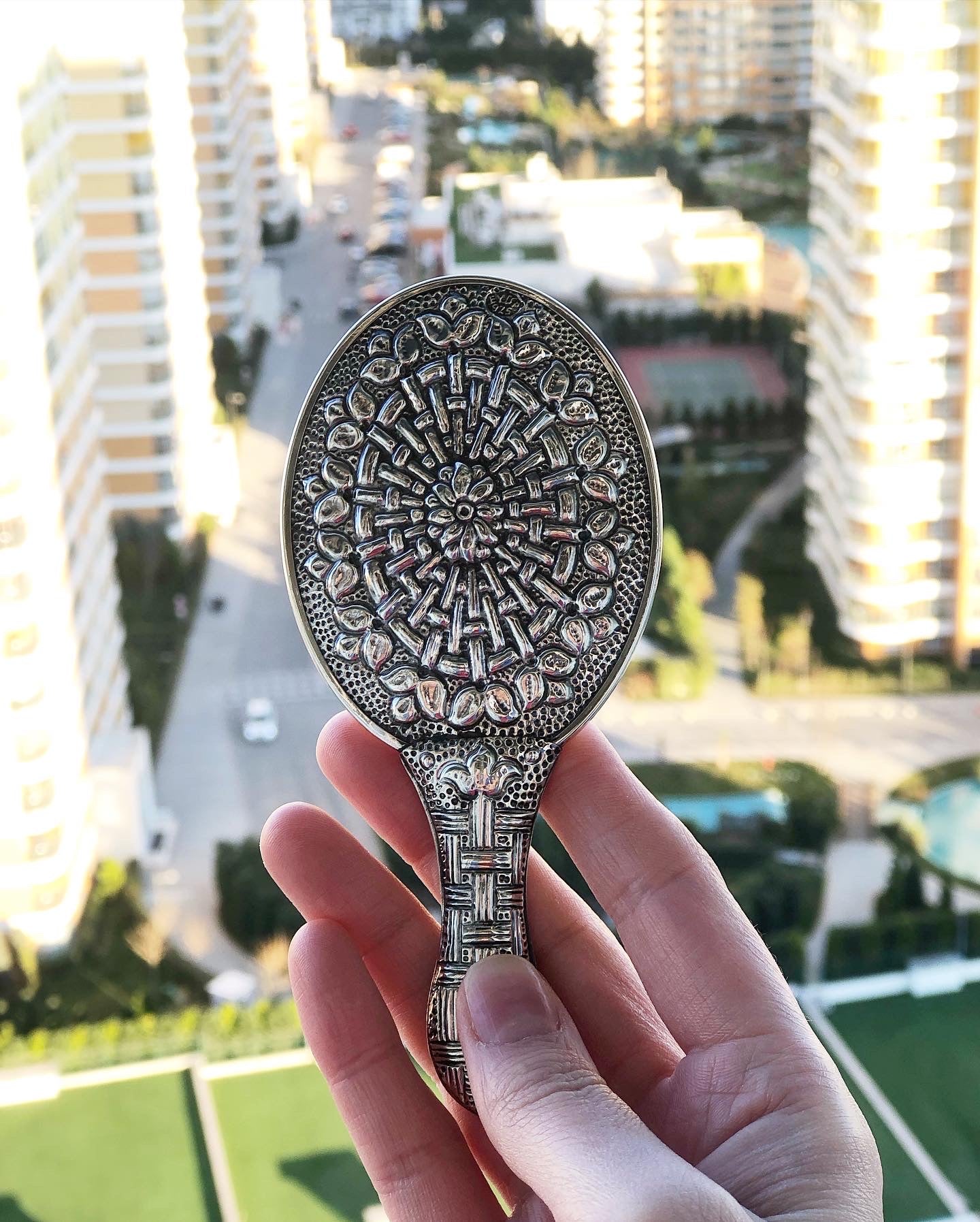 Handmade Silver Handmade Embossed Mirror, Bag Mirror