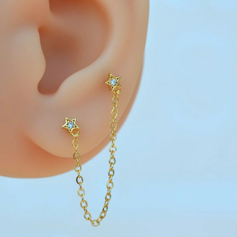 Gold Coloured Stony Star Chain Wobbly Piercing for Helix, Cartilage, and Lobe