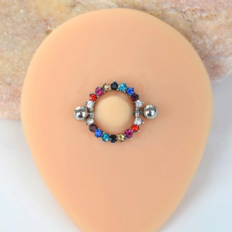 Multicoloured Nipple Piercing with Zircon Stones - Silver Colour