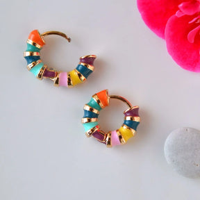 Curved Steel Hoop Earrings with Coloured Enamel in Gold and Silver