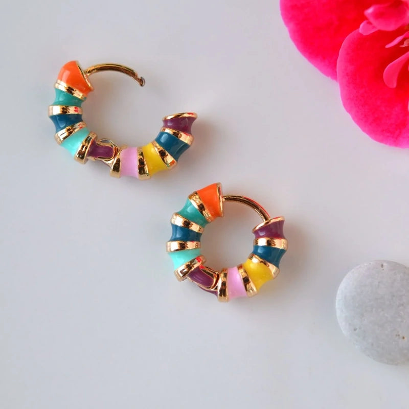 Curved Steel Hoop Earrings with Coloured Enamel in Gold and Silver