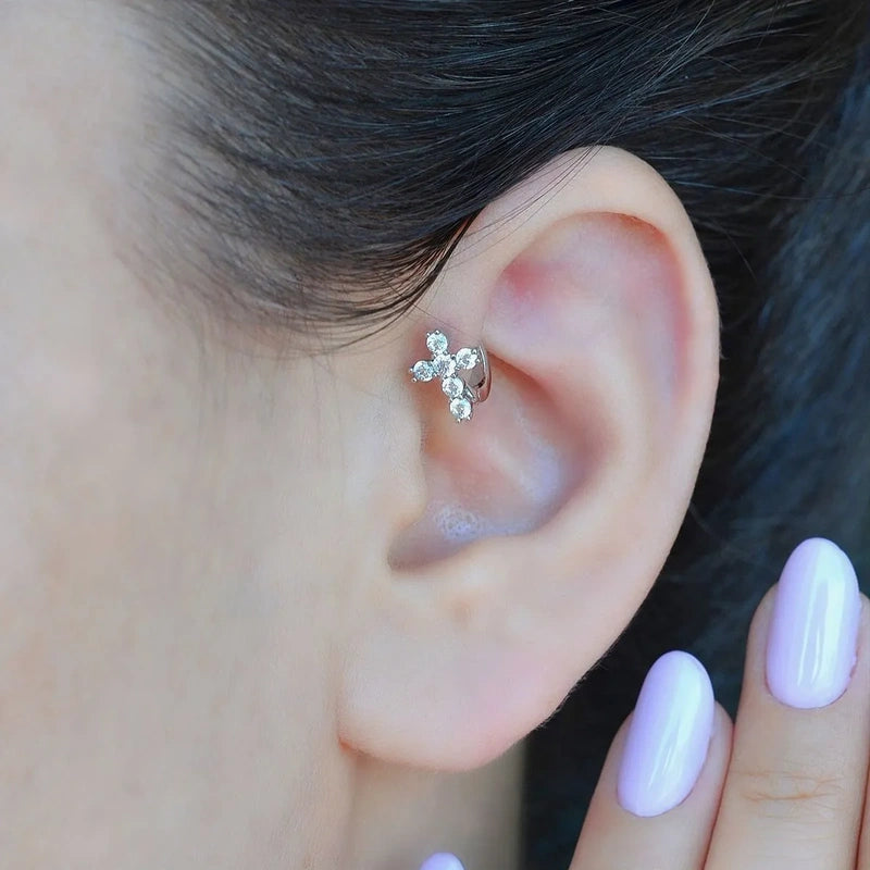 Mini Cross Ring Piercing for Forward Helix, Tragus, and Helix - Silver Colour