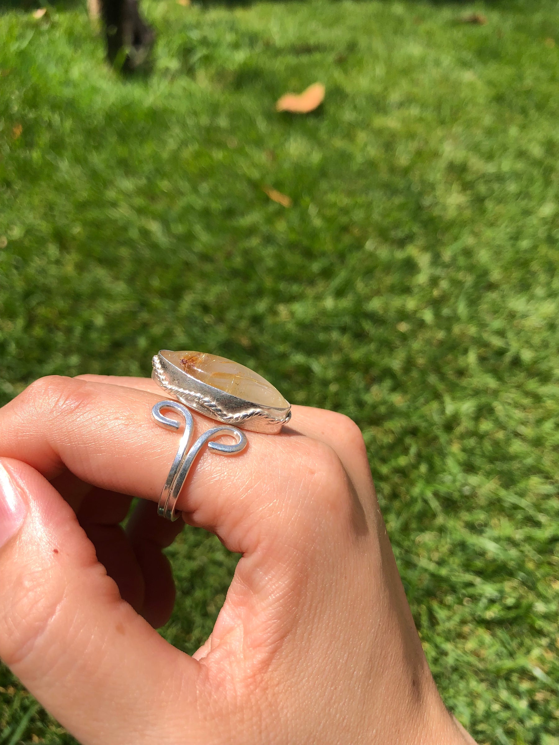 Handmade Silver Rutile Quartz Gemstone Ajustable Size Ring, Shuttle Stone Ring