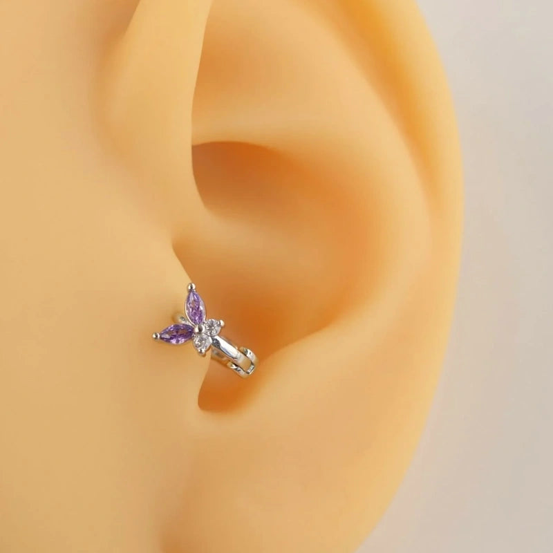 Purple Butterfly Ring Tragus Piercing for Helix, Cartilage, and Lobe - Silver Colour