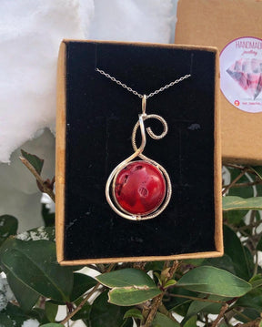 Handmade Round Coral Stone Pendant, Red Colour Genuine Silver Necklace