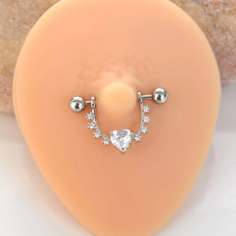 Heart Stone Detail Nipple Piercing with Zircon Stones