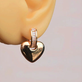 Curved Heart Earrings with Stone Ring Heart Charm in Gold and Silver