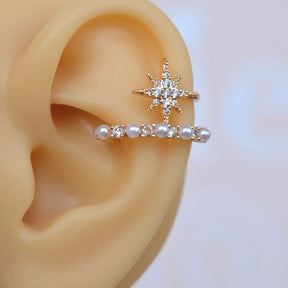 Mini Pearl Ear Cuff Compression Cartilage Earrings with Polar Star Detail