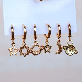 Planet, Star, Moon, and Sun Galaxy Earrings Set - 6 Pieces Gold And Silver