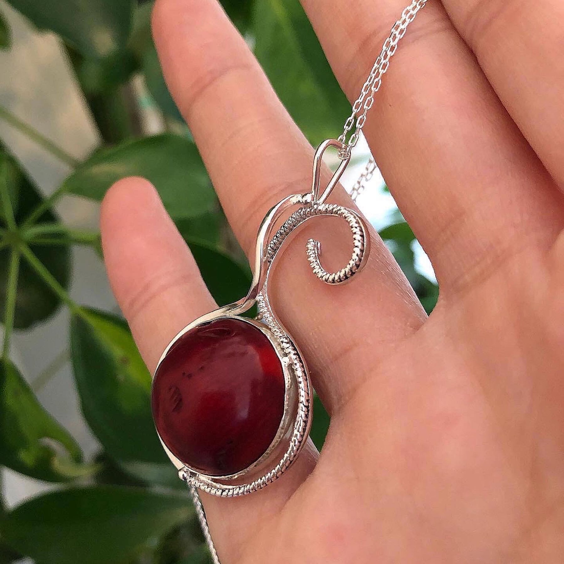 Handmade Round Coral Stone Pendant, Red Colour Genuine Silver Necklace