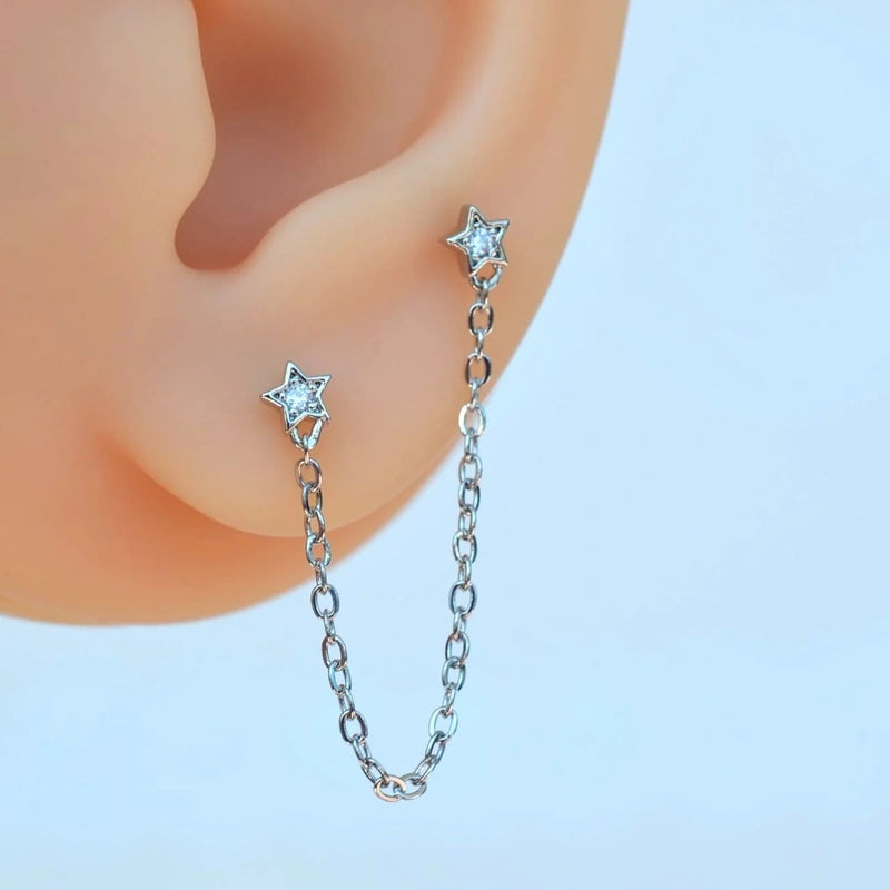 Star Chain Wobbly Piercing for Helix, Cartilage, and Lobe with Silver Colour With Stones