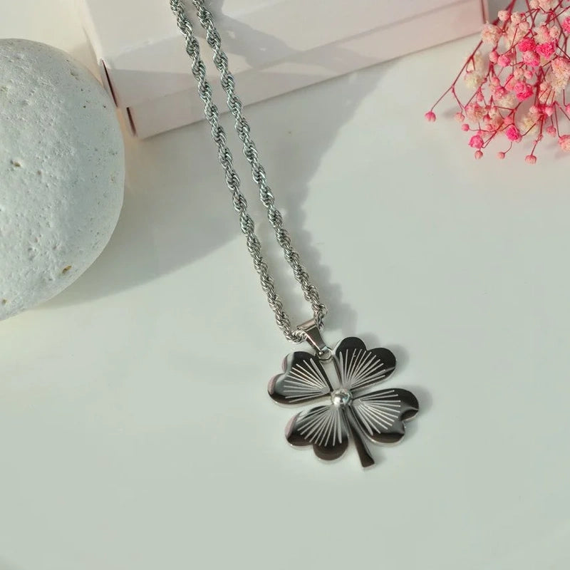 Four Leaf Clover Model Steel Lucky Charm Necklace Silver Colour