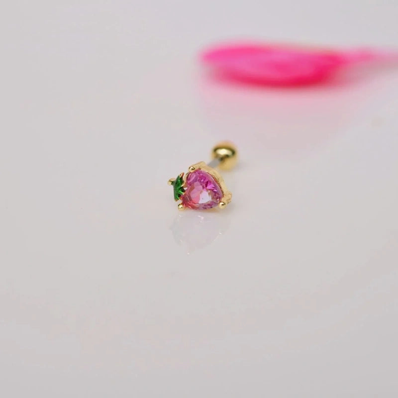 Pink Heart Strawberry Cartilage Helix Piercing for Helix and Cartilage - Gold Colour