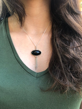 Handmade 925 Sterling Silver Oval Stone Chain Dangling Necklace, Oval Black Stone Silver Pendant, Chain Detailed Stone Necklace