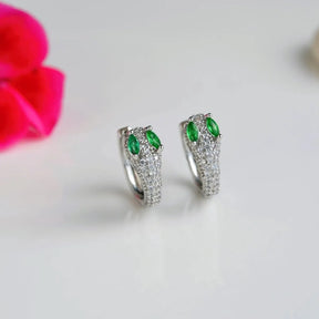 Green Eyed Snake Model Small Hoop Earrings - Silver Colour