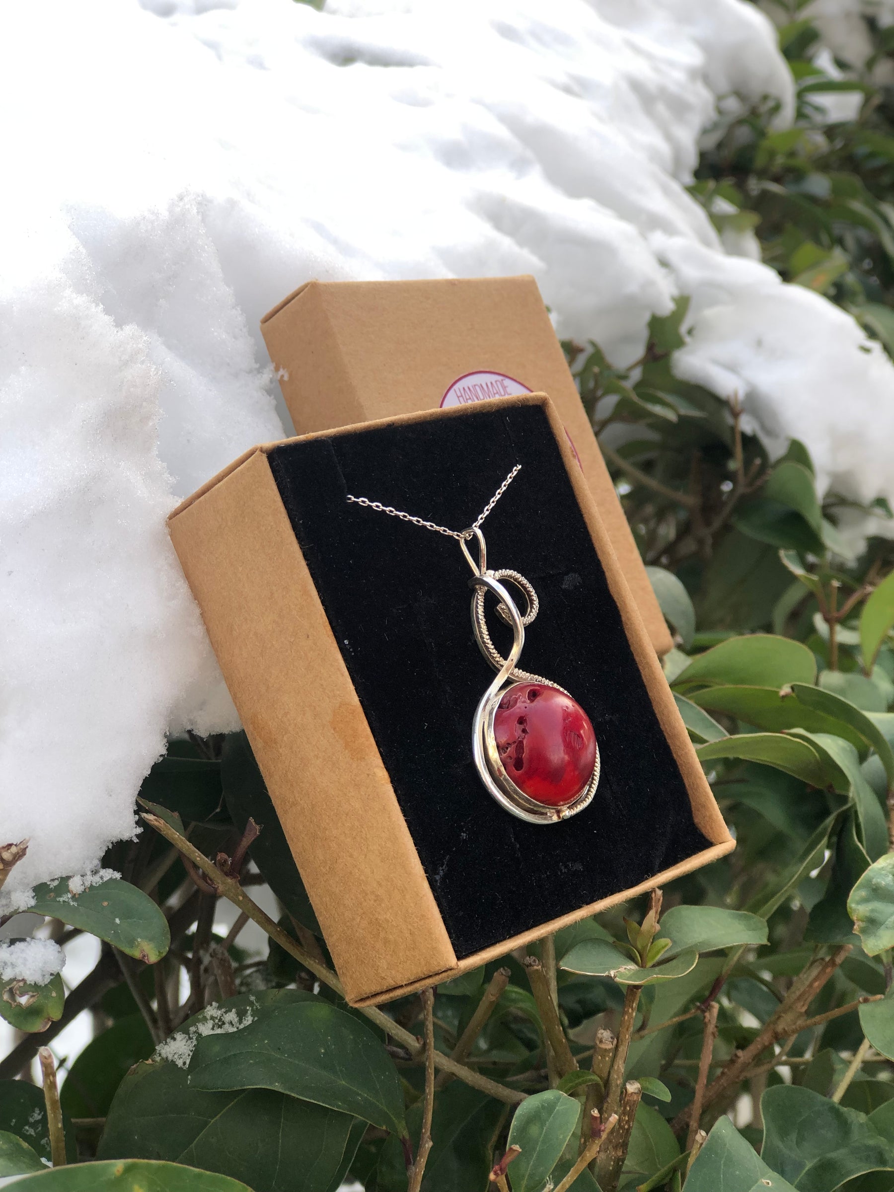 Handmade Round Coral Stone Pendant, Red Colour Genuine Silver Necklace