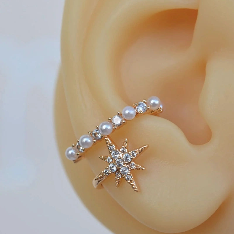 Mini Pearl Ear Cuff Compression Cartilage Earrings with Polar Star Detail