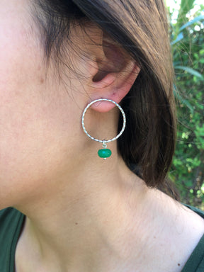 Handmade 925 Sterling Silver Green Stone Silver Hoop Earrings Round Hoop Earrings, Curled Wire Silver Earrings,