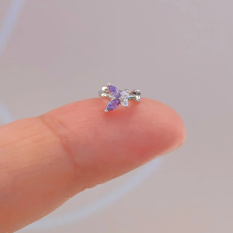 Purple Butterfly Ring Tragus Piercing for Helix, Cartilage, and Lobe - Silver Colour