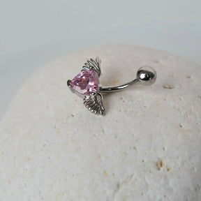 Pink Heart Angel Wing Belly Button Ring, Navel Piercing, Belly Button Piercing, Belly Ring, Curved Barbell, Belly Piercing, Belly Bar