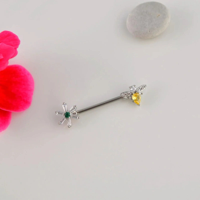 Flower and Bee Figured Nipple Piercing - Silver Colour