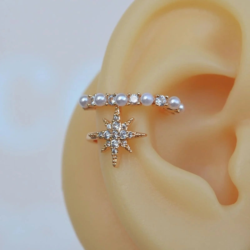 Mini Pearl Ear Cuff Compression Cartilage Earrings with Polar Star Detail