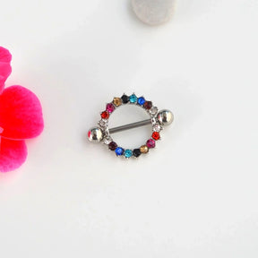 Multicoloured Nipple Piercing with Zircon Stones - Silver Colour