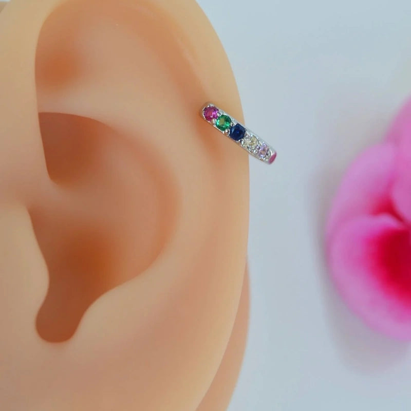 8 mm Multicolor Helix Piercing for Tragus Cartilage Hoop Ring Piercing and Lobe with Zircon Stones - Gold And Silver Colour