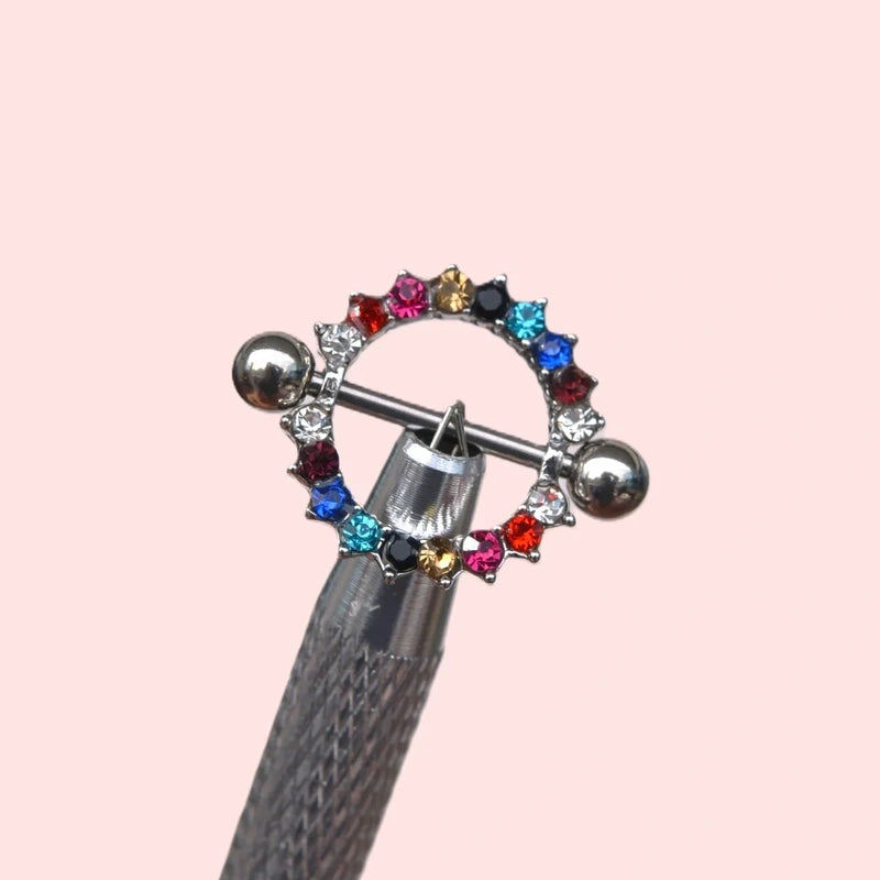 Multicoloured Nipple Piercing with Zircon Stones - Silver Colour