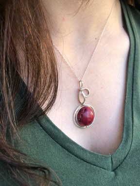 Handmade Round Coral Stone Pendant, Red Colour Genuine Silver Necklace