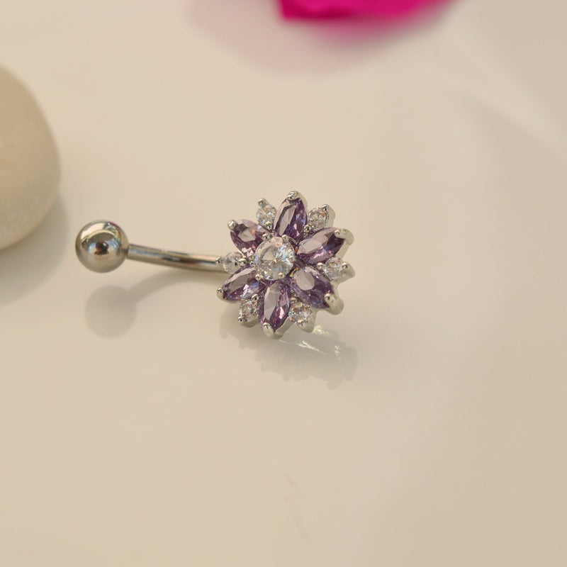 Lotus Flower Navel Piercing, Belly Button Ring, Belly Button Piercing, Curved Barbell, Belly Piercing, Belly Bar, Belly Ring, Purple